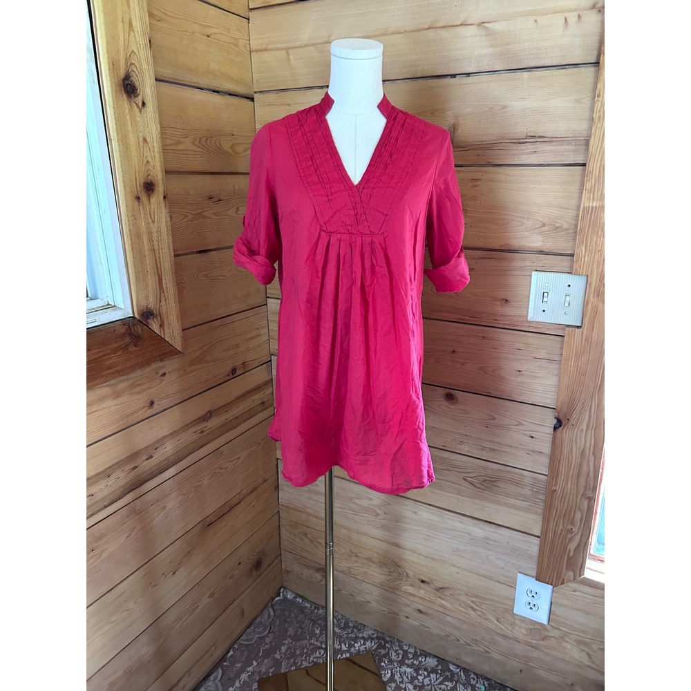 J.Jill Tunic Top Womens Large‎ Fuchsia Pink Pintuck Pleated Roll Tab Sleeve Boho